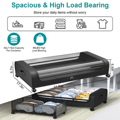 2Pcs  Under Bed Storage Containers With Lid Wheels Strap Handles 42L 11Gal Per Container Fedex Shipping
